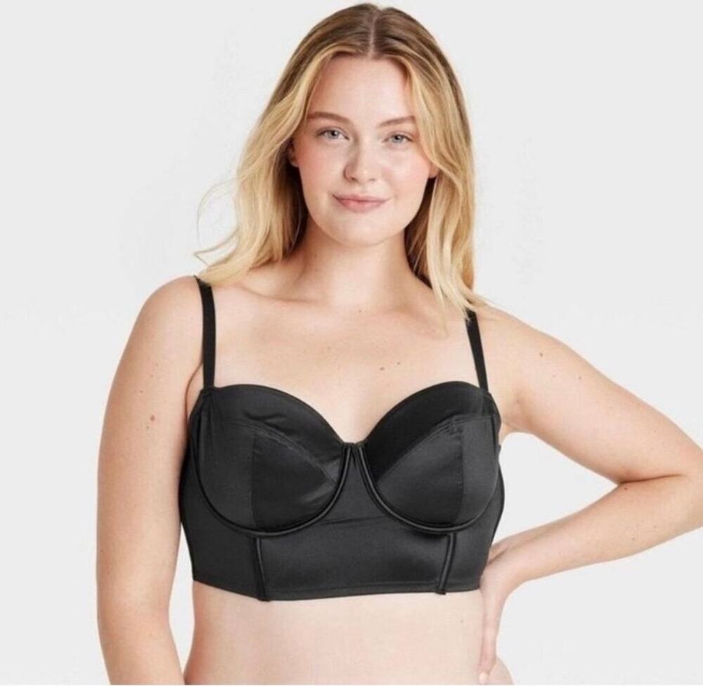 Auden Black Satin Longline Bustier Corset Bra Wired Boned Large Academia Goth